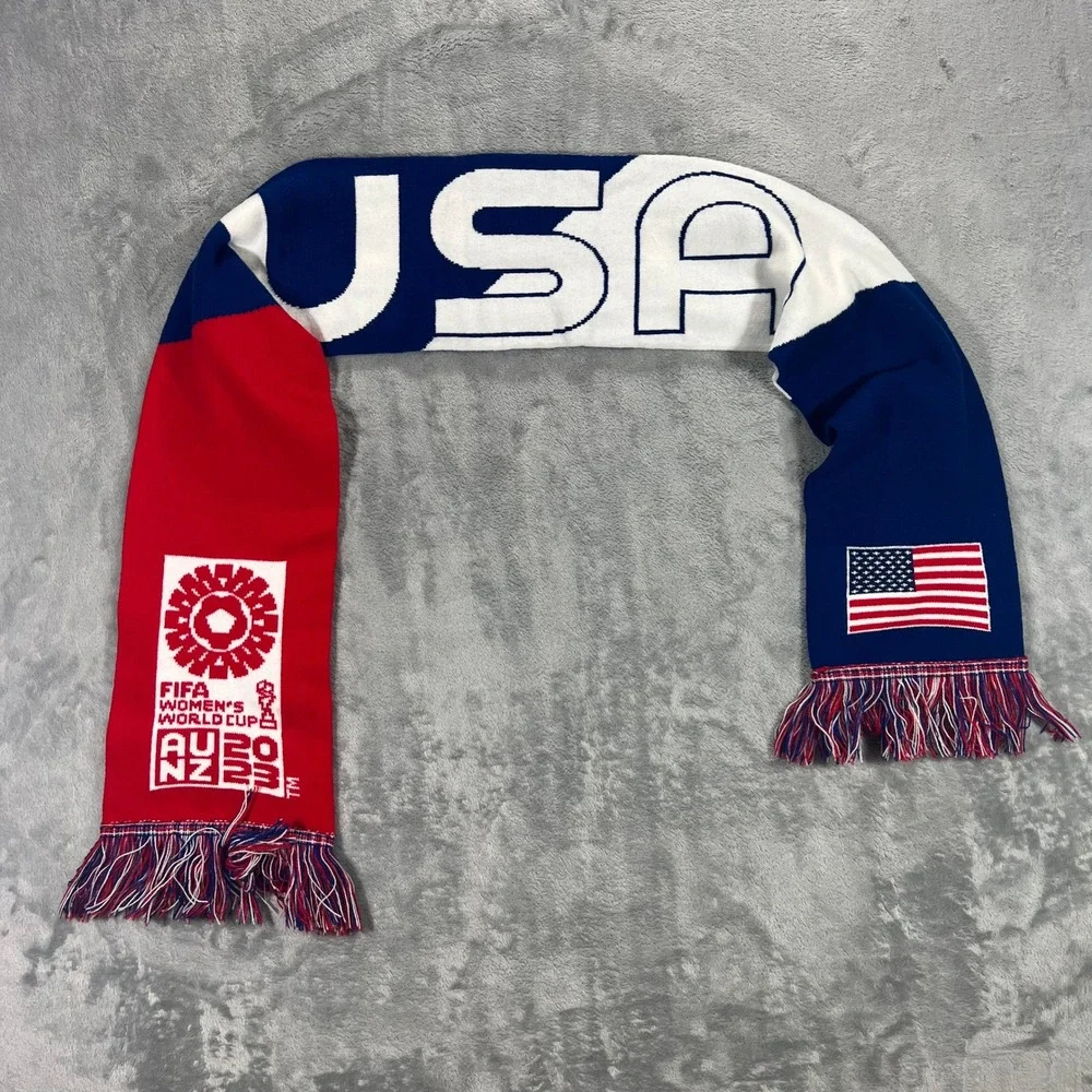 FIFA Scarf USA World Cup 2023 OS Red White Blue Knit Fringe Logo